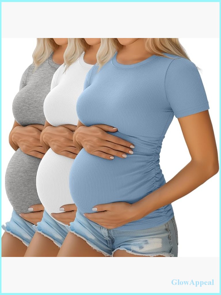 Maternity T-Shirts 3 Pack Cotton Spandex Side Ruched Pregnancy Tops